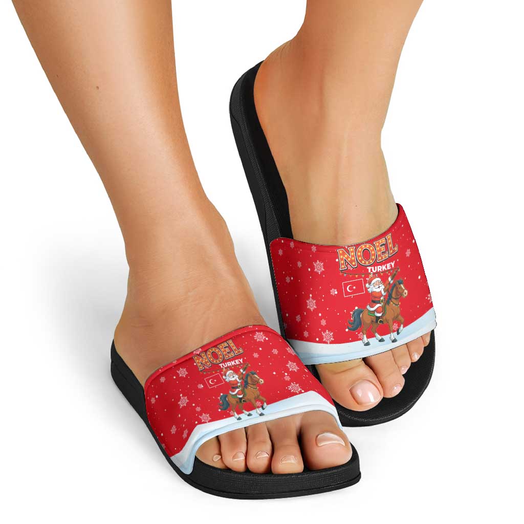 Turkey Christmas Slide Sandals with Santa on Horse Red Snowflake Pattern and Crescent Star - Wonder Print Shop