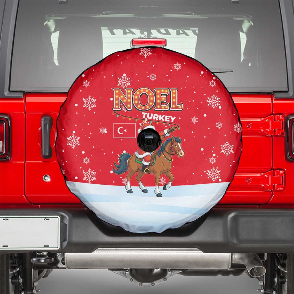 Turkey Christmas Spare Tire Cover with Santa on Horse Red Snowflake Pattern and Crescent Star - Wonder Print Shop