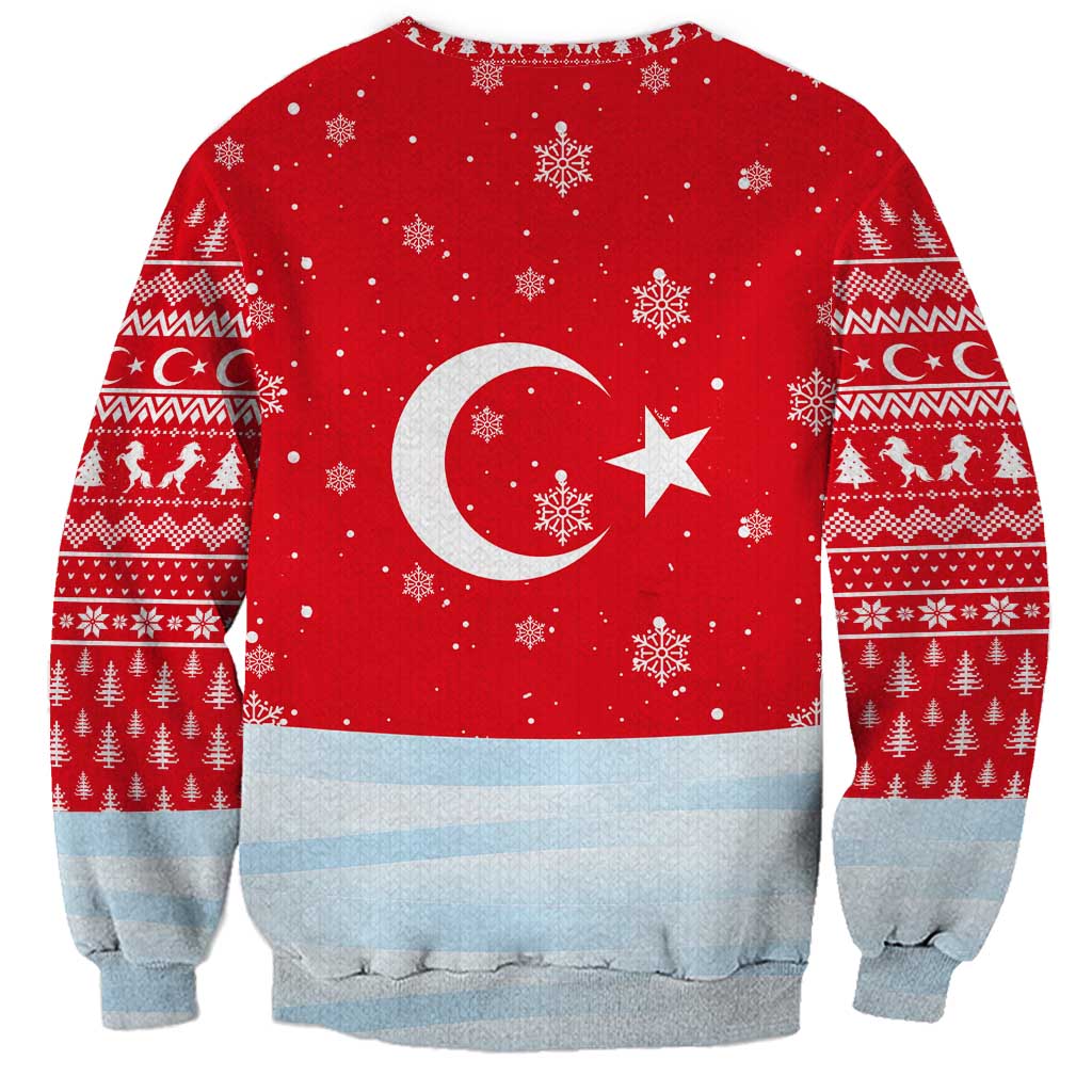 Turkey Christmas Sweatshirt with Santa on Horse Red Snowflake Pattern and Crescent Star - Wonder Print Shop