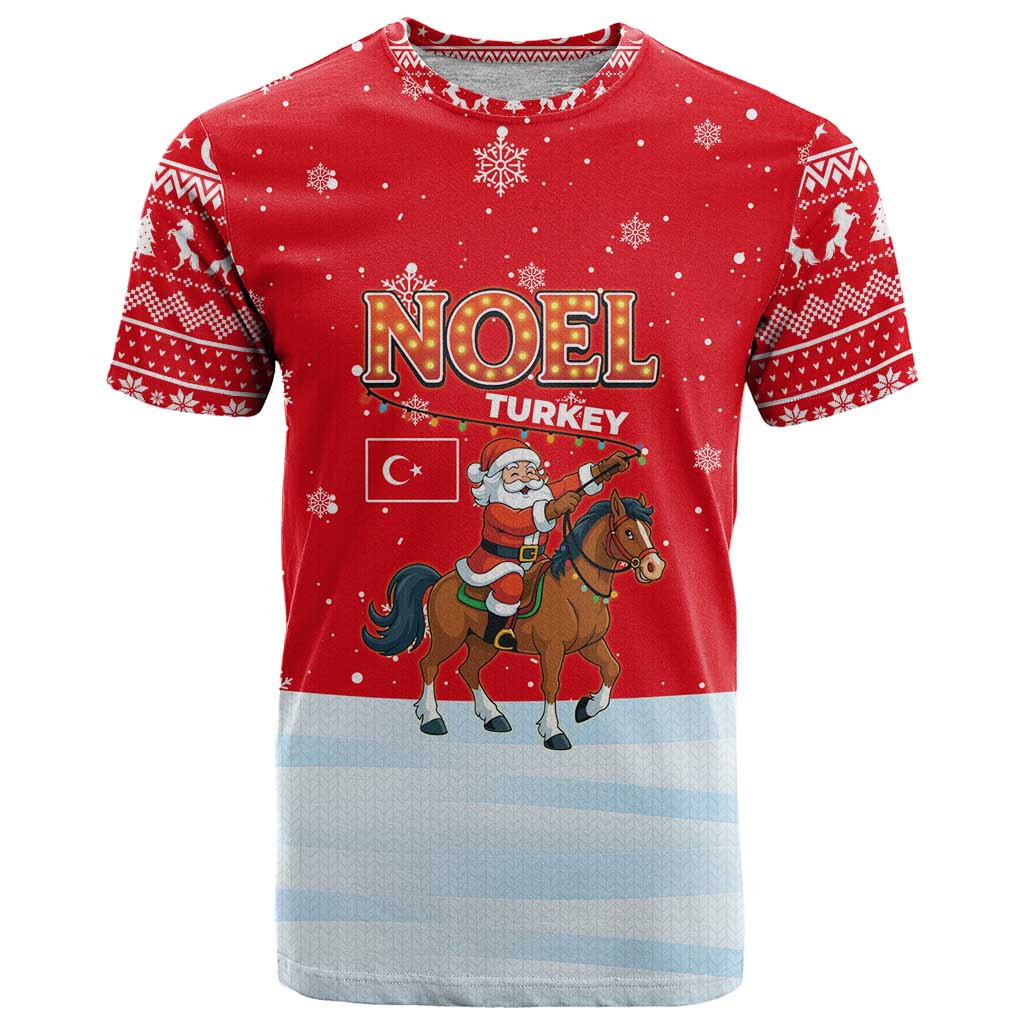 Turkey Christmas T Shirt with Santa on Horse Red Snowflake Pattern and Crescent Star - Wonder Print Shop