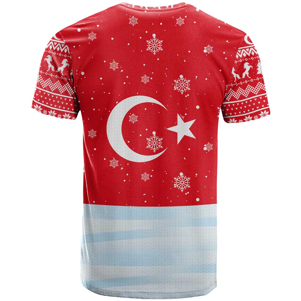 Turkey Christmas T Shirt with Santa on Horse Red Snowflake Pattern and Crescent Star - Wonder Print Shop