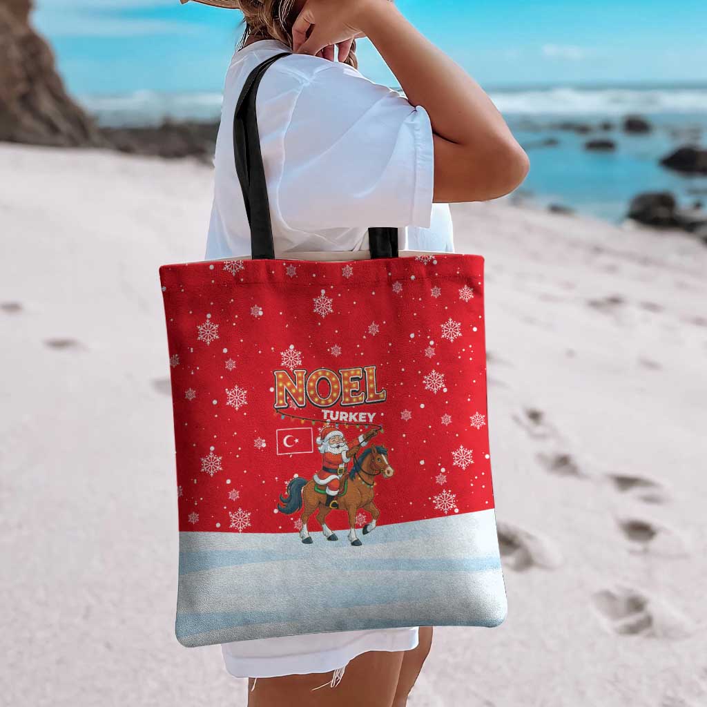 Turkey Christmas Tote Bag with Santa on Horse Red Snowflake Pattern and Crescent Star - Wonder Print Shop