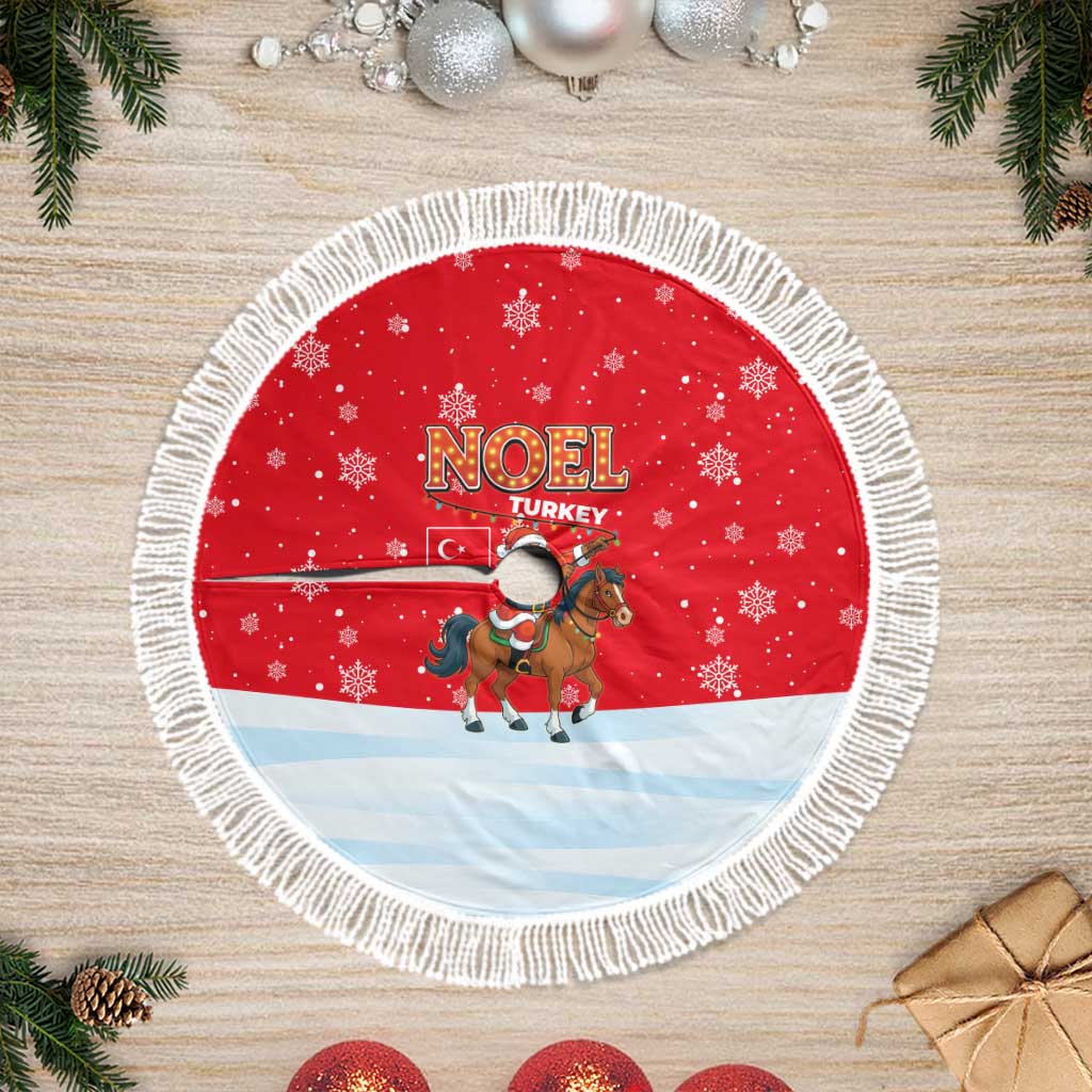 Turkey Christmas Tree Skirt with Santa on Horse Red Snowflake Pattern and Crescent Star - Wonder Print Shop