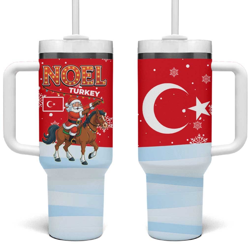 Turkey Christmas Tumbler With Handle with Santa on Horse Red Snowflake Pattern and Crescent Star - Wonder Print Shop