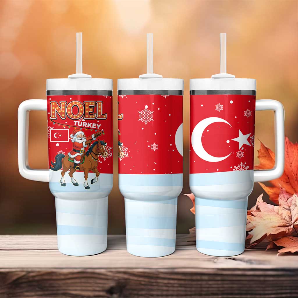 Turkey Christmas Tumbler With Handle with Santa on Horse Red Snowflake Pattern and Crescent Star - Wonder Print Shop