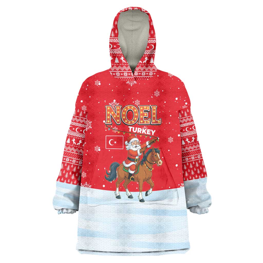 Turkey Christmas Wearable Blanket Hoodie with Santa on Horse Red Snowflake Pattern and Crescent Star - Wonder Print Shop