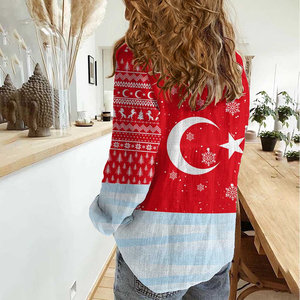 Turkey Christmas Women Casual Shirt with Santa on Horse Red Snowflake Pattern and Crescent Star - Wonder Print Shop