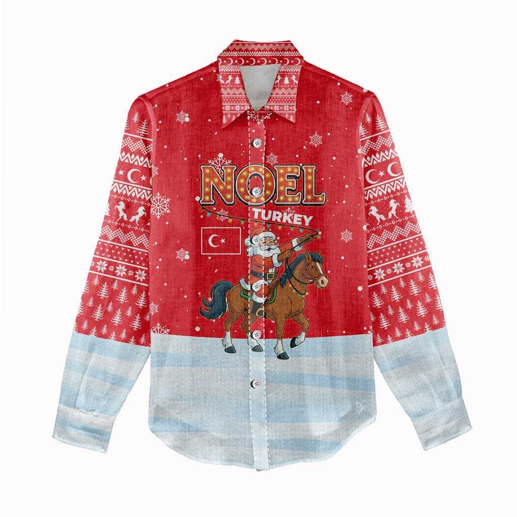 Turkey Christmas Women Casual Shirt with Santa on Horse Red Snowflake Pattern and Crescent Star - Wonder Print Shop