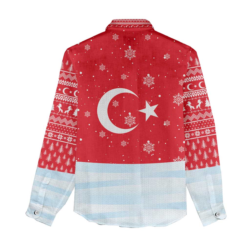 Turkey Christmas Women Casual Shirt with Santa on Horse Red Snowflake Pattern and Crescent Star - Wonder Print Shop