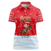 Turkey Christmas Women Polo Shirt with Santa on Horse Red Snowflake Pattern and Crescent Star - Wonder Print Shop
