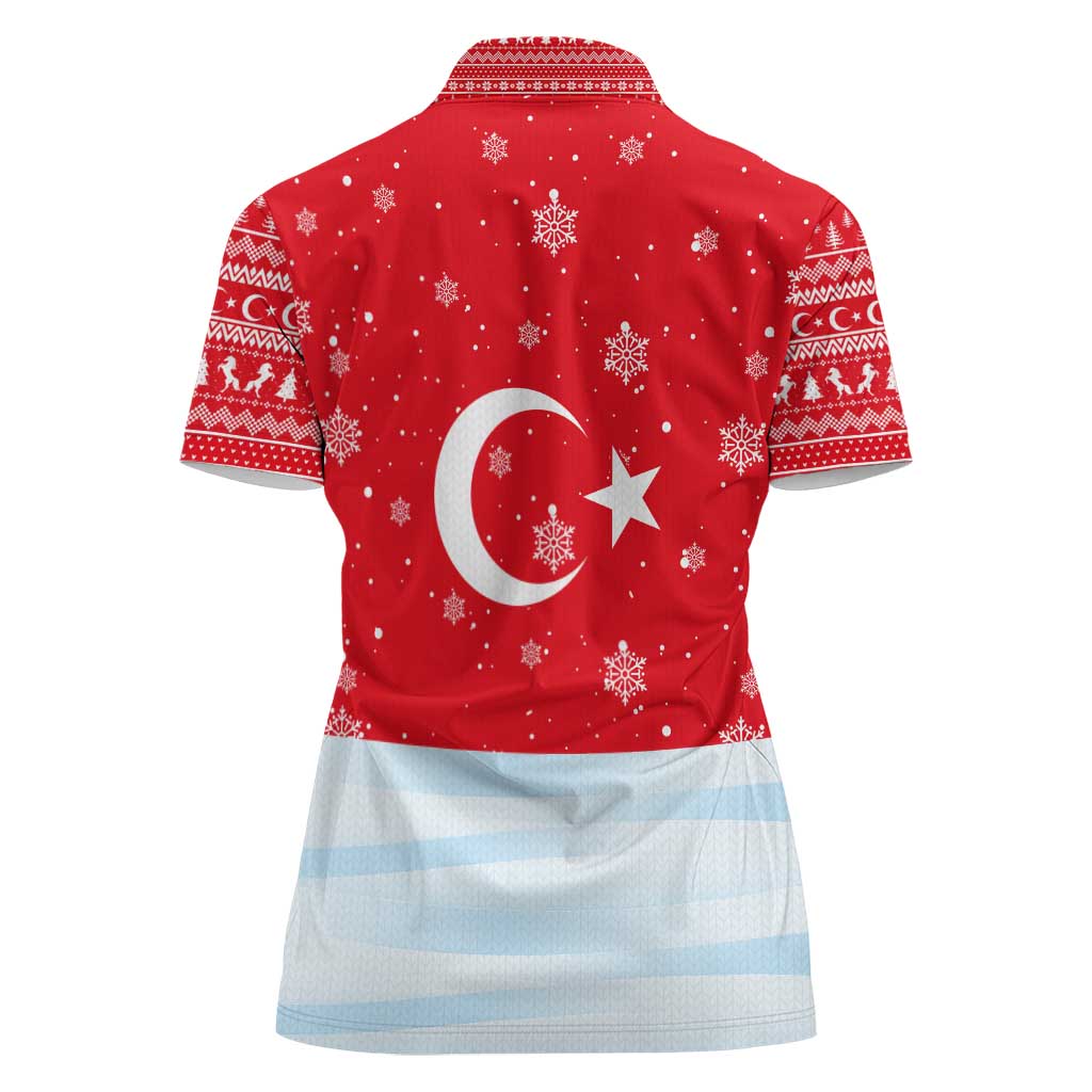 Turkey Christmas Women Polo Shirt with Santa on Horse Red Snowflake Pattern and Crescent Star - Wonder Print Shop