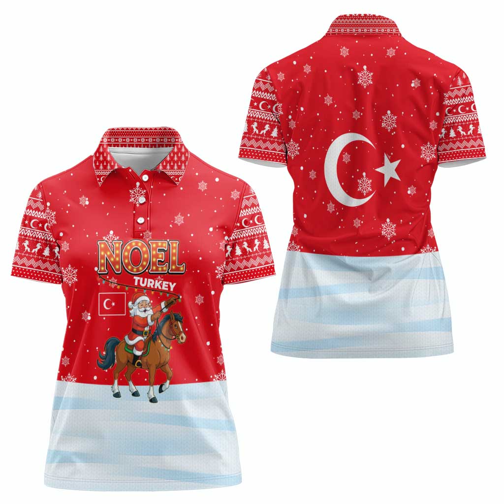 Turkey Christmas Women Polo Shirt with Santa on Horse Red Snowflake Pattern and Crescent Star - Wonder Print Shop