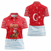 Turkey Christmas Women Polo Shirt with Santa on Horse Red Snowflake Pattern and Crescent Star - Wonder Print Shop