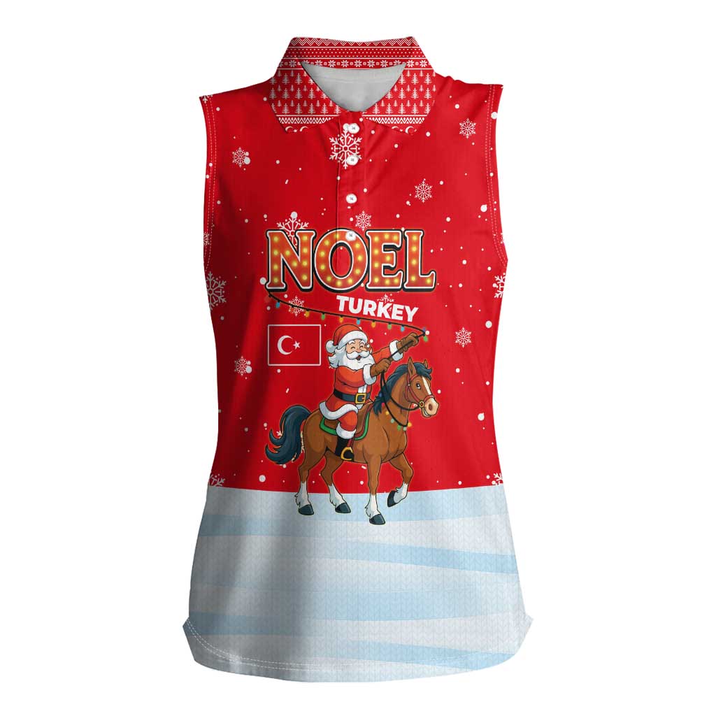 Turkey Christmas Women Sleeveless Polo Shirt with Santa on Horse Red Snowflake Pattern and Crescent Star - Wonder Print Shop