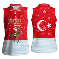 Turkey Christmas Women Sleeveless Polo Shirt with Santa on Horse Red Snowflake Pattern and Crescent Star - Wonder Print Shop