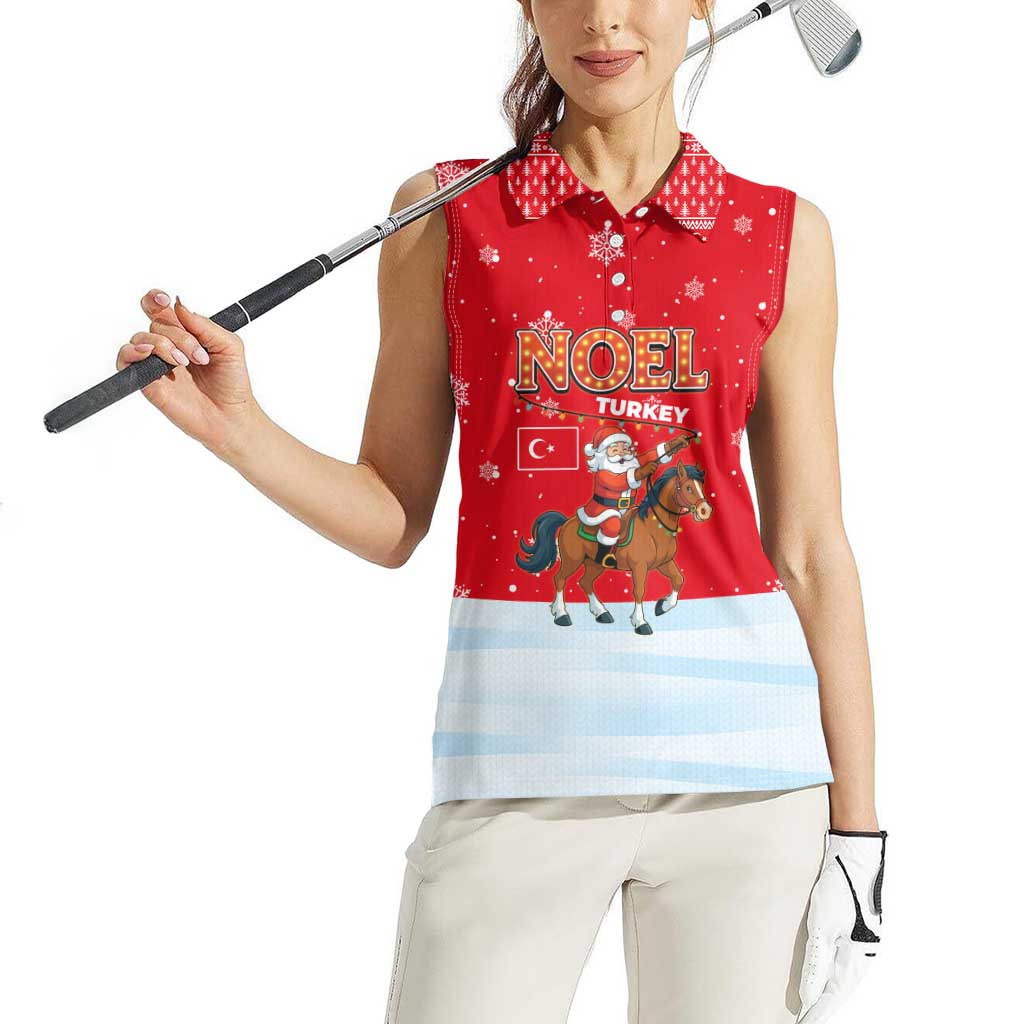 Turkey Christmas Women Sleeveless Polo Shirt with Santa on Horse Red Snowflake Pattern and Crescent Star - Wonder Print Shop