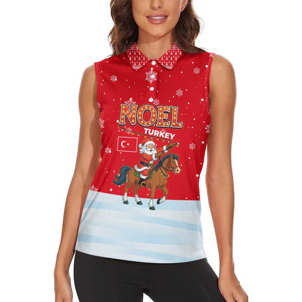 Turkey Christmas Women Sleeveless Polo Shirt with Santa on Horse Red Snowflake Pattern and Crescent Star - Wonder Print Shop