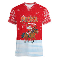 Turkey Christmas Women V-Neck T-Shirt with Santa on Horse Red Snowflake Pattern and Crescent Star - Wonder Print Shop