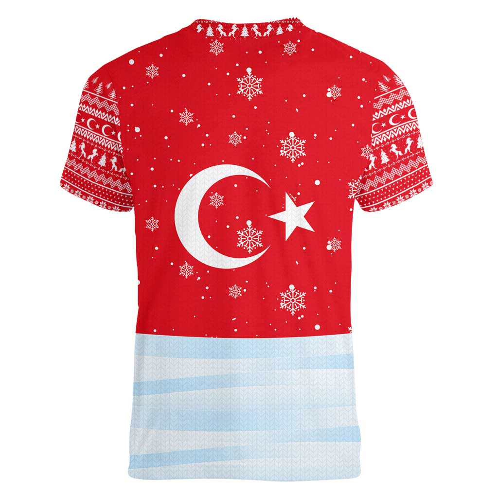 Turkey Christmas Women V-Neck T-Shirt with Santa on Horse Red Snowflake Pattern and Crescent Star - Wonder Print Shop