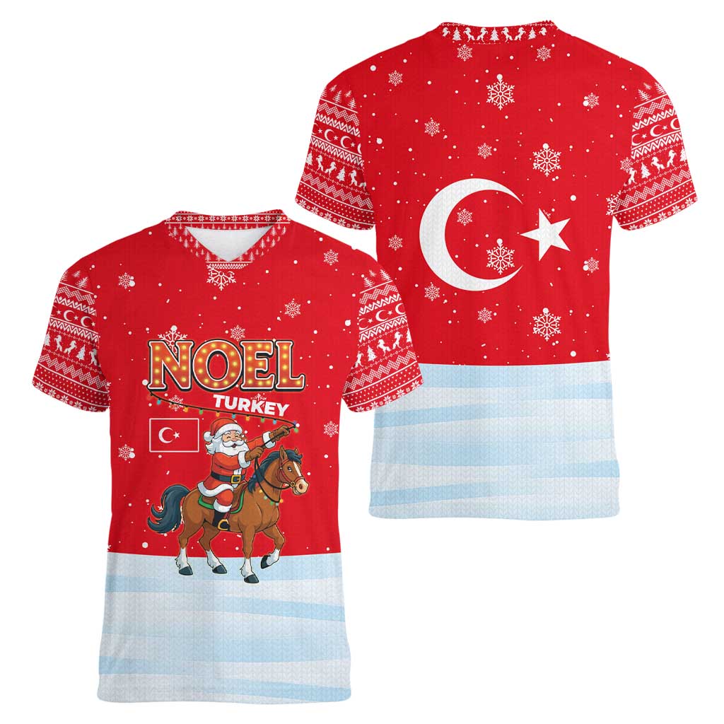 Turkey Christmas Women V-Neck T-Shirt with Santa on Horse Red Snowflake Pattern and Crescent Star - Wonder Print Shop