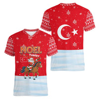 Turkey Christmas Women V-Neck T-Shirt with Santa on Horse Red Snowflake Pattern and Crescent Star - Wonder Print Shop