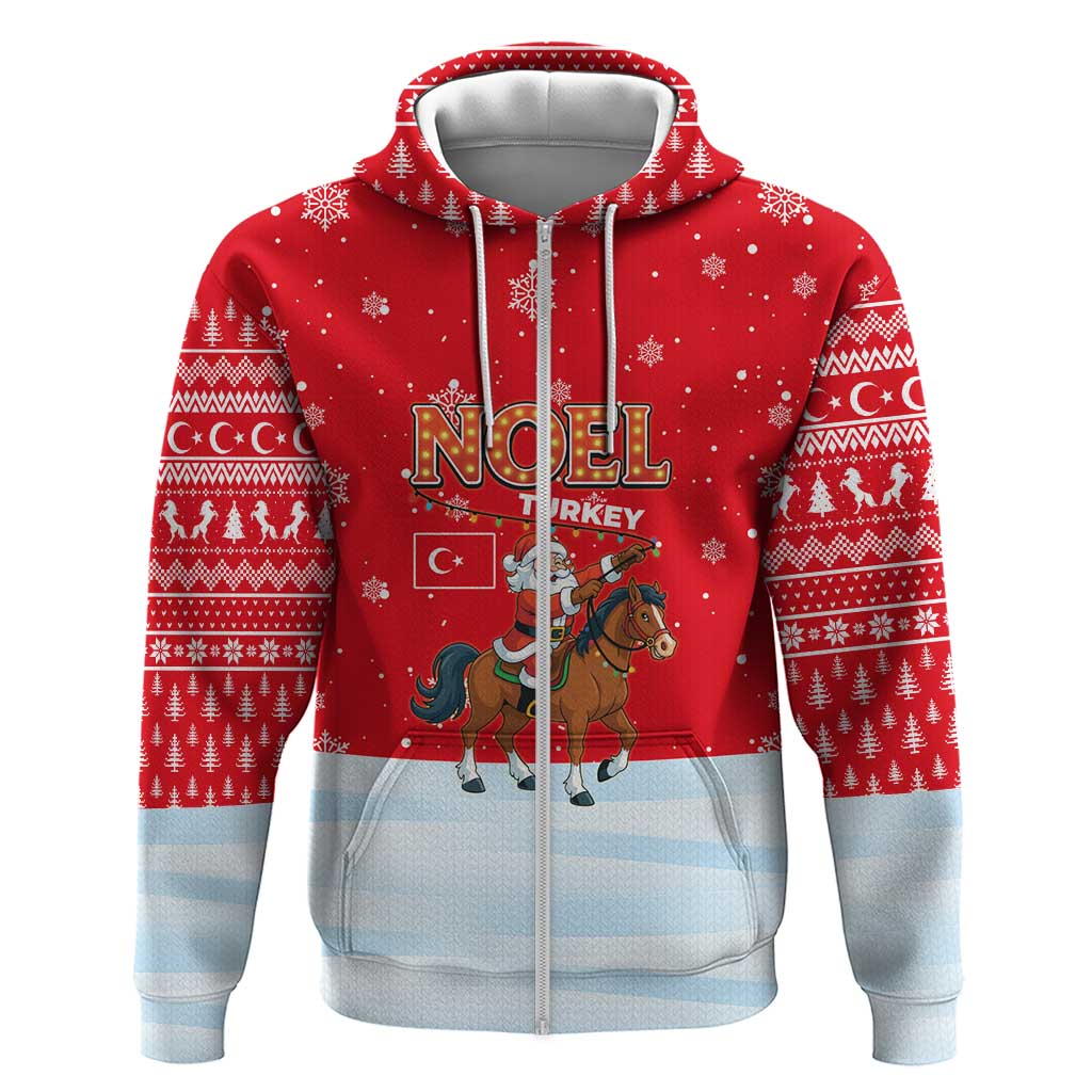 Turkey Christmas Zip Hoodie with Santa on Horse Red Snowflake Pattern and Crescent Star - Wonder Print Shop