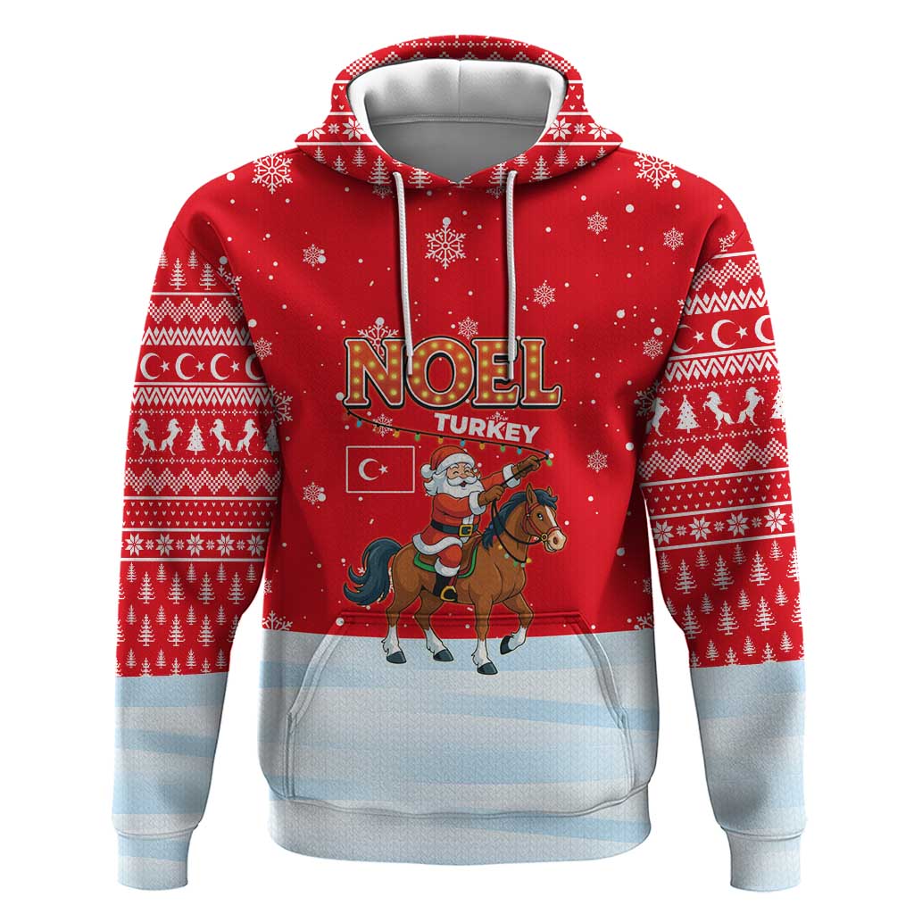 Turkey Christmas Zip Hoodie with Santa on Horse Red Snowflake Pattern and Crescent Star - Wonder Print Shop