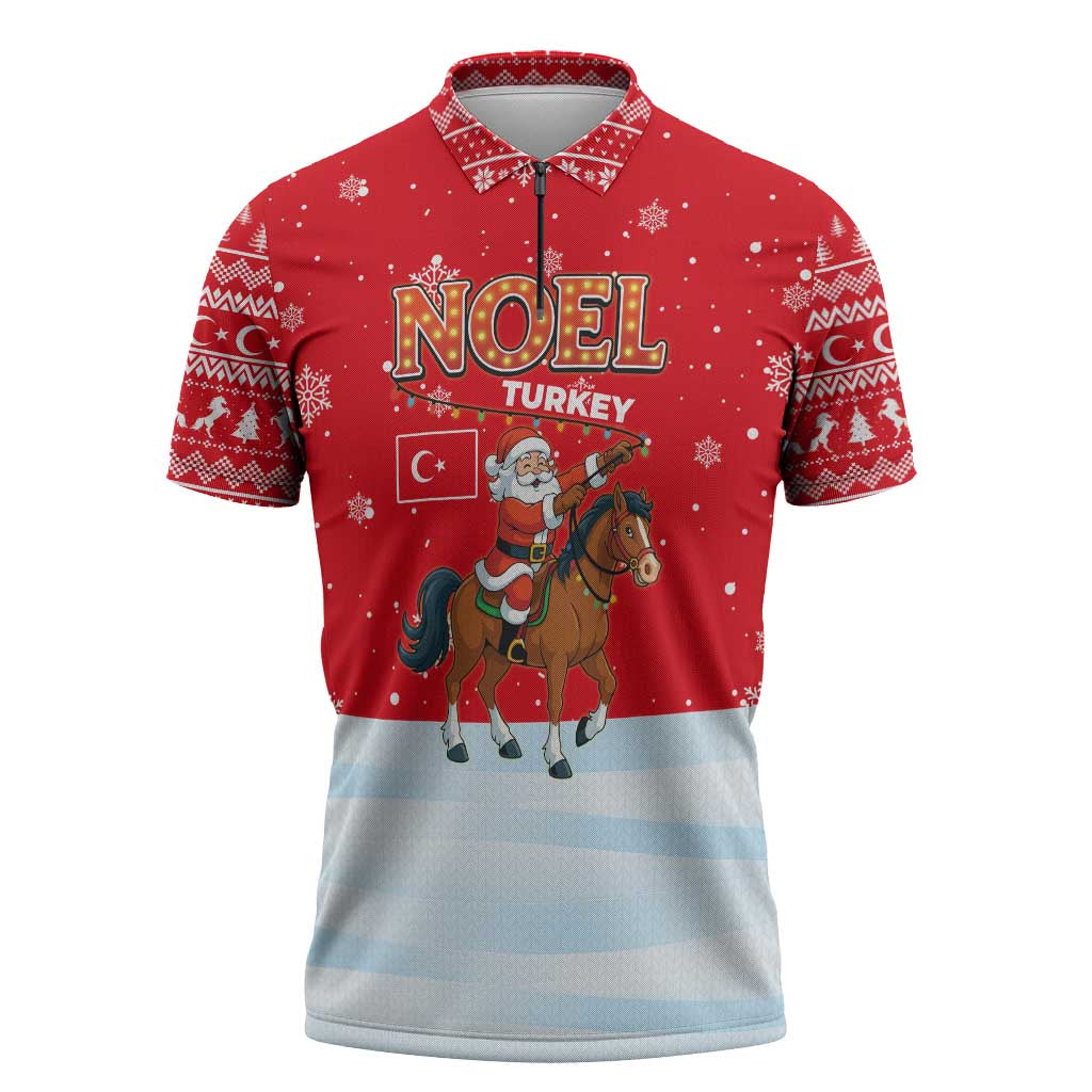 Turkey Christmas Zipper Polo Shirt with Santa on Horse Red Snowflake Pattern and Crescent Star - Wonder Print Shop
