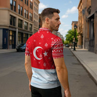 Turkey Christmas Zipper Polo Shirt with Santa on Horse Red Snowflake Pattern and Crescent Star - Wonder Print Shop