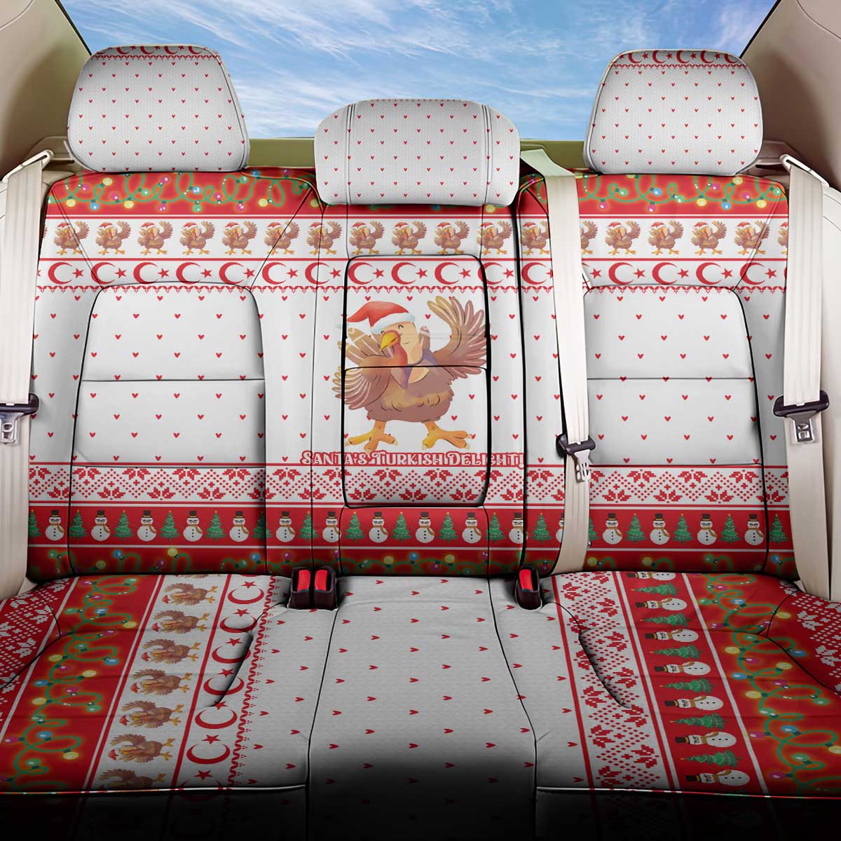 Turkey Christmas Back Car Seat Cover with Santa Turkey Red Crescent Pattern Snowmen and Festive Lights - Wonder Print Shop