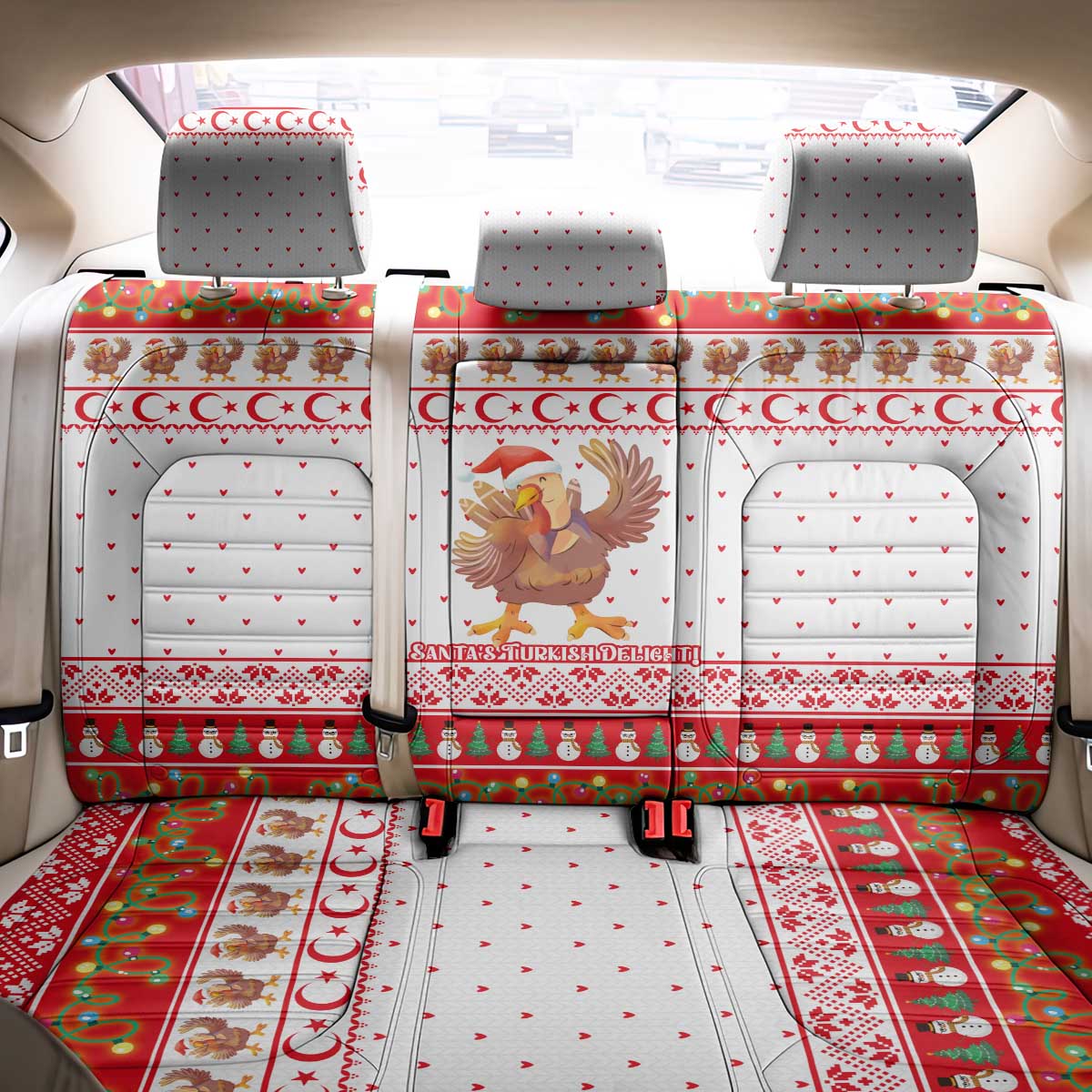 Turkey Christmas Back Car Seat Cover with Santa Turkey Red Crescent Pattern Snowmen and Festive Lights - Wonder Print Shop