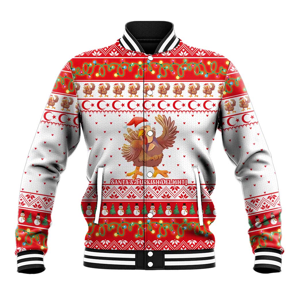 Turkey Christmas Baseball Jacket with Santa Turkey Red Crescent Pattern Snowmen and Festive Lights - Wonder Print Shop