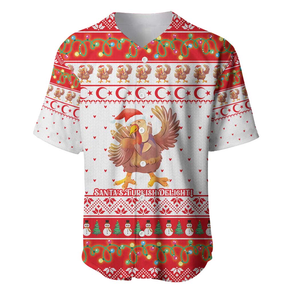 Turkey Christmas Baseball Jersey with Santa Turkey Red Crescent Pattern Snowmen and Festive Lights - Wonder Print Shop