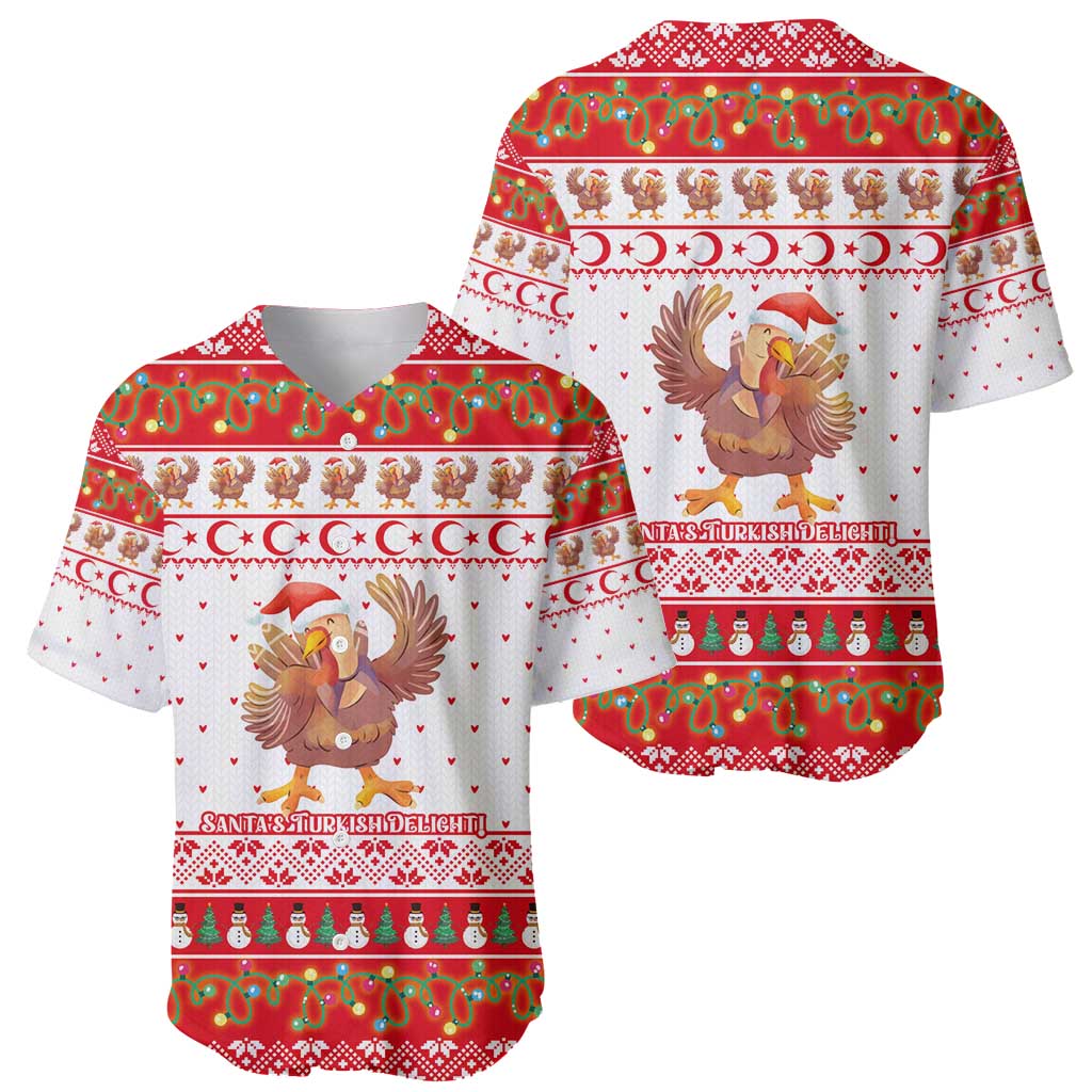 Turkey Christmas Baseball Jersey with Santa Turkey Red Crescent Pattern Snowmen and Festive Lights - Wonder Print Shop