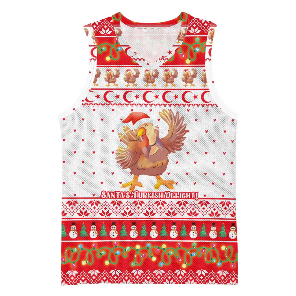 Turkey Christmas Basketball Jersey with Santa Turkey Red Crescent Pattern Snowmen and Festive Lights - Wonder Print Shop
