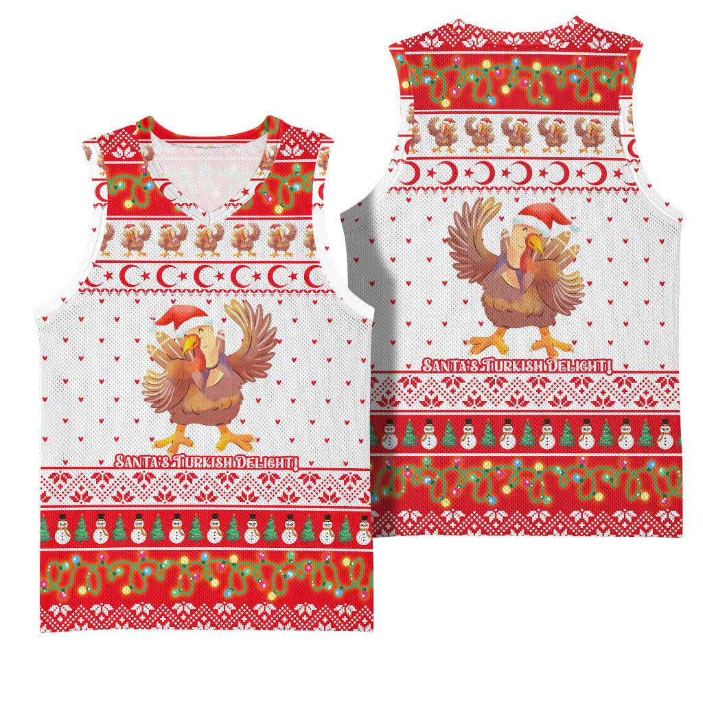Turkey Christmas Basketball Jersey with Santa Turkey Red Crescent Pattern Snowmen and Festive Lights - Wonder Print Shop