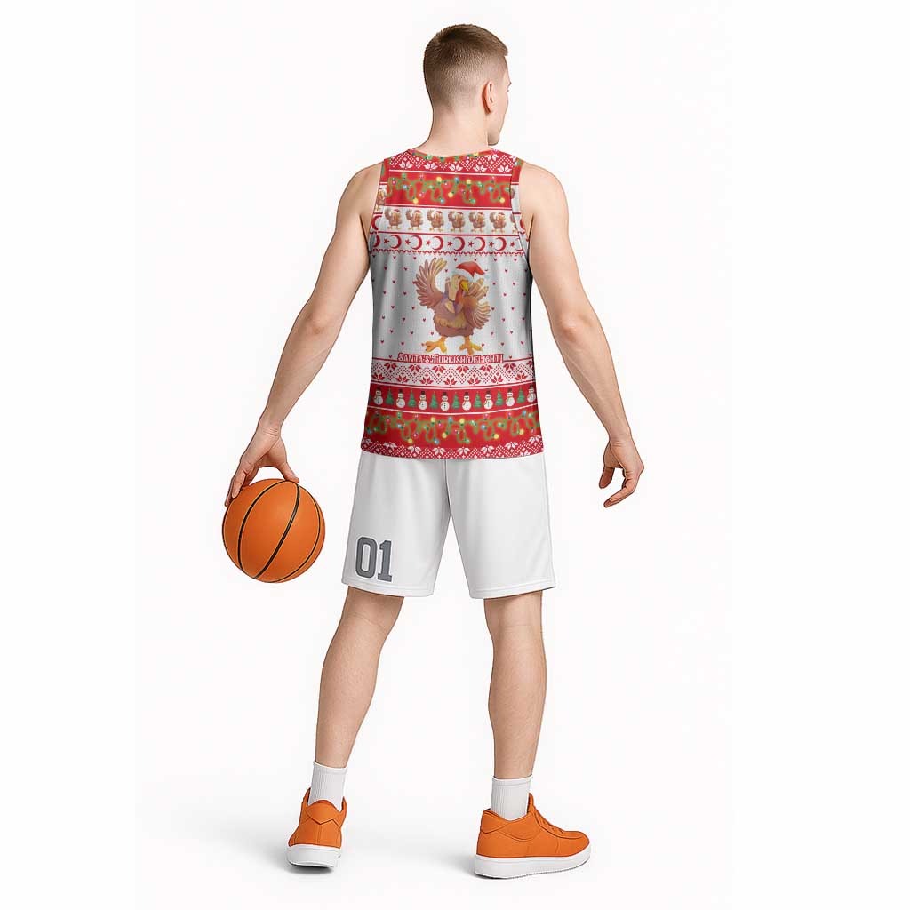 Turkey Christmas Basketball Jersey with Santa Turkey Red Crescent Pattern Snowmen and Festive Lights - Wonder Print Shop