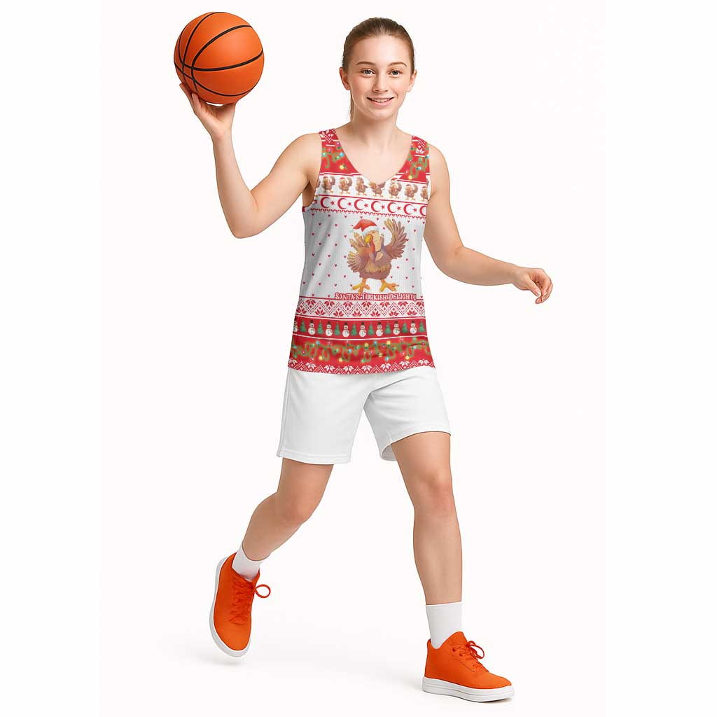 Turkey Christmas Basketball Jersey with Santa Turkey Red Crescent Pattern Snowmen and Festive Lights - Wonder Print Shop