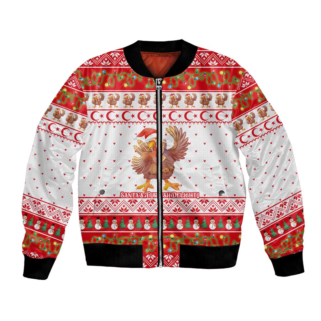 Turkey Christmas Bomber Jacket with Santa Turkey Red Crescent Pattern Snowmen and Festive Lights - Wonder Print Shop