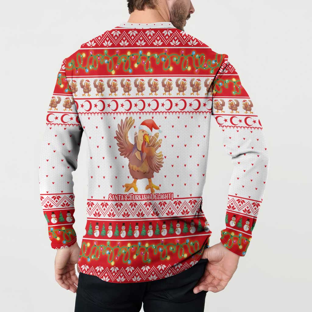 Turkey Christmas Button Sweatshirt with Santa Turkey Red Crescent Pattern Snowmen and Festive Lights - Wonder Print Shop