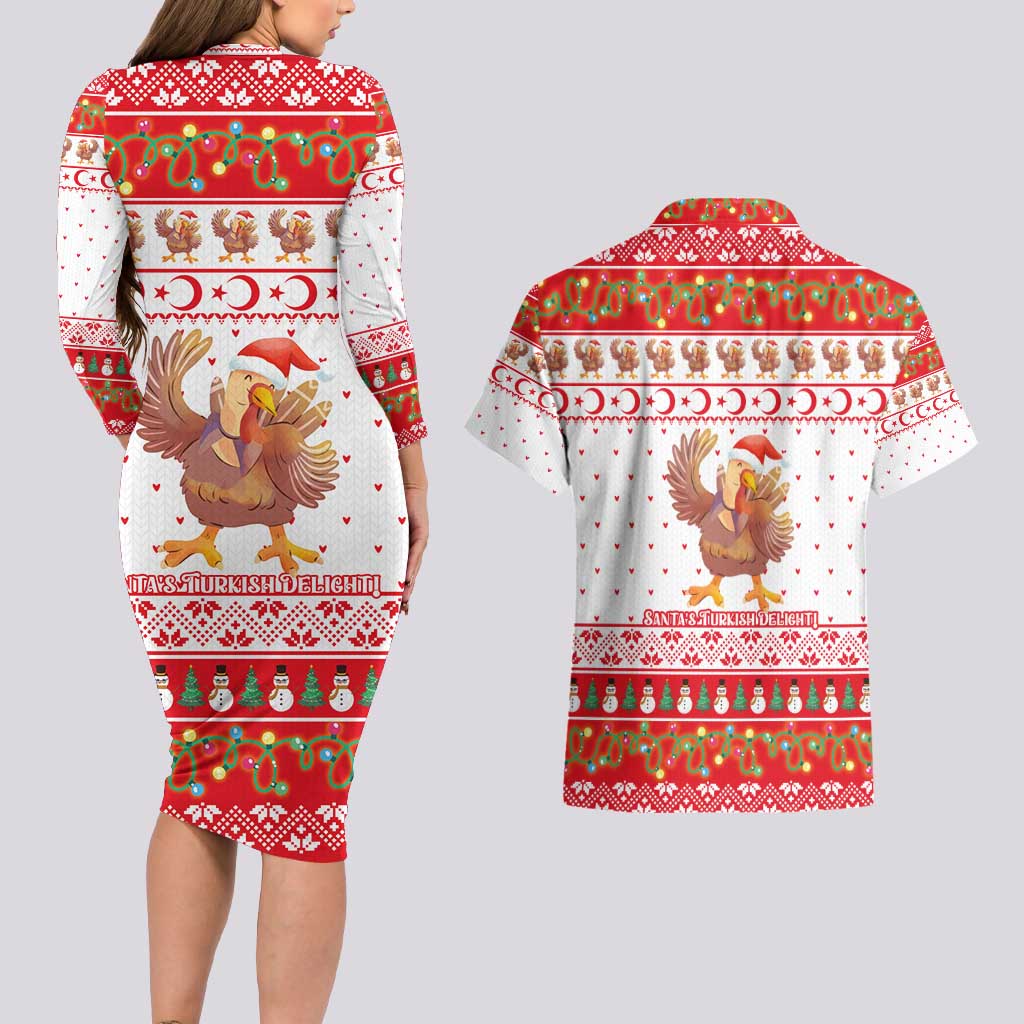 Turkey Christmas Couples Matching Long Sleeve Bodycon Dress and Hawaiian Shirt with Santa Turkey Red Crescent Pattern Snowmen and Festive Lights - Wonder Print Shop
