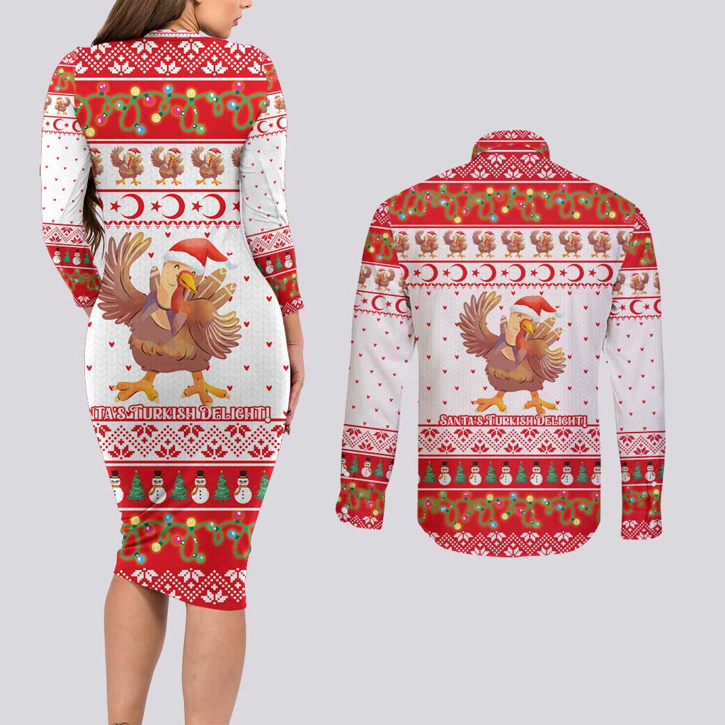 Turkey Christmas Couples Matching Long Sleeve Bodycon Dress and Long Sleeve Button Shirt with Santa Turkey Red Crescent Pattern Snowmen and Festive Lights - Wonder Print Shop