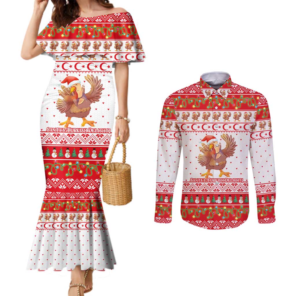 Turkey Christmas Couples Matching Mermaid Dress and Long Sleeve Button Shirt with Santa Turkey Red Crescent Pattern Snowmen and Festive Lights - Wonder Print Shop