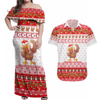 Turkey Christmas Couples Matching Off Shoulder Maxi Dress and Hawaiian Shirt with Santa Turkey Red Crescent Pattern Snowmen and Festive Lights - Wonder Print Shop