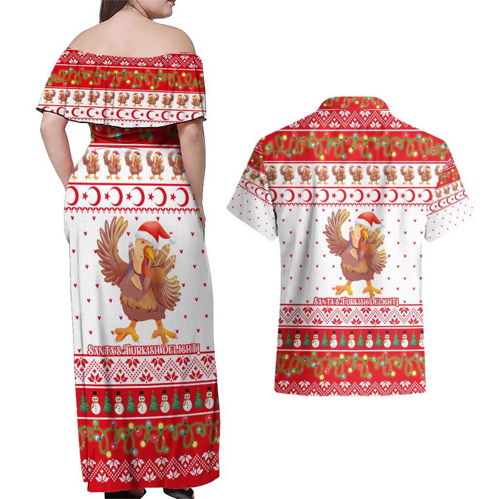 Turkey Christmas Couples Matching Off Shoulder Maxi Dress and Hawaiian Shirt with Santa Turkey Red Crescent Pattern Snowmen and Festive Lights - Wonder Print Shop
