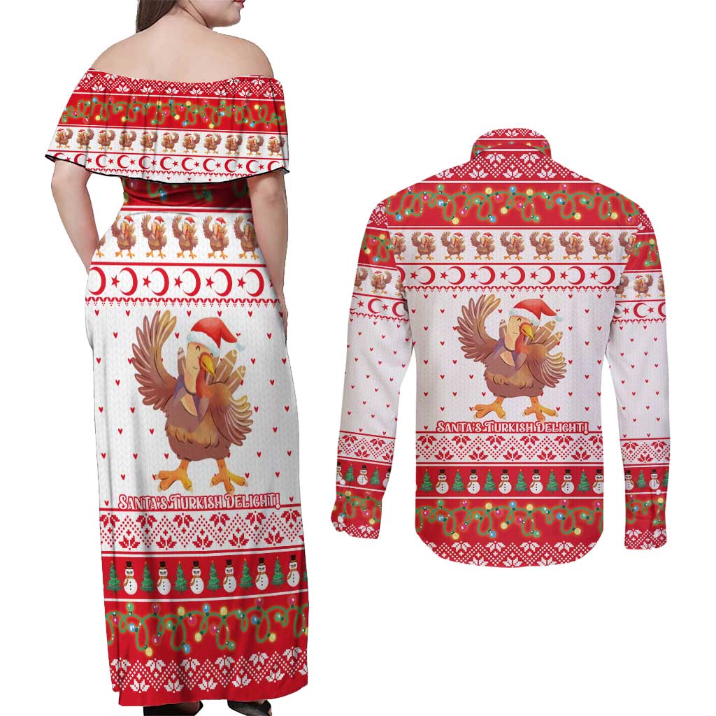 Turkey Christmas Couples Matching Off Shoulder Maxi Dress and Long Sleeve Button Shirt with Santa Turkey Red Crescent Pattern Snowmen and Festive Lights - Wonder Print Shop