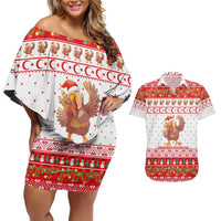Turkey Christmas Couples Matching Off Shoulder Short Dress and Hawaiian Shirt with Santa Turkey Red Crescent Pattern Snowmen and Festive Lights - Wonder Print Shop