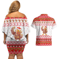 Turkey Christmas Couples Matching Off Shoulder Short Dress and Hawaiian Shirt with Santa Turkey Red Crescent Pattern Snowmen and Festive Lights - Wonder Print Shop