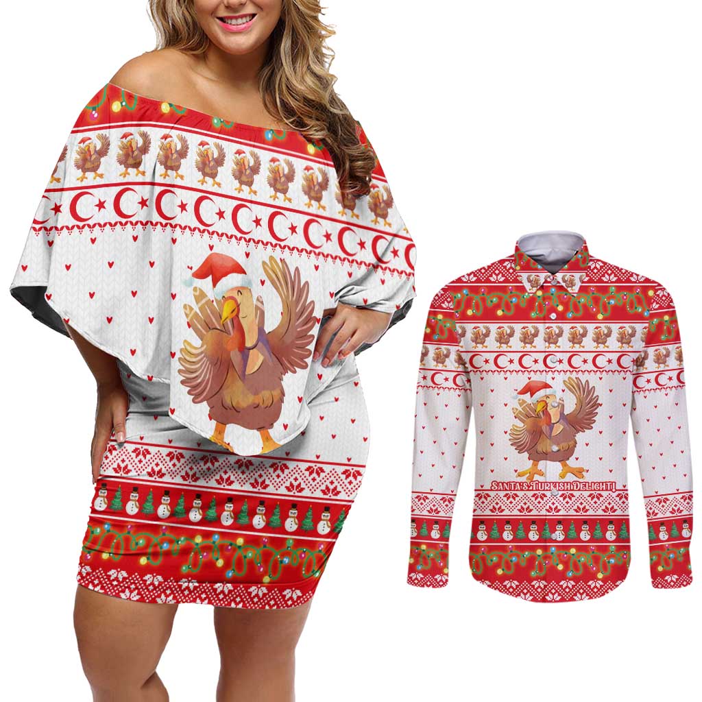 Turkey Christmas Couples Matching Off Shoulder Short Dress and Long Sleeve Button Shirt with Santa Turkey Red Crescent Pattern Snowmen and Festive Lights - Wonder Print Shop