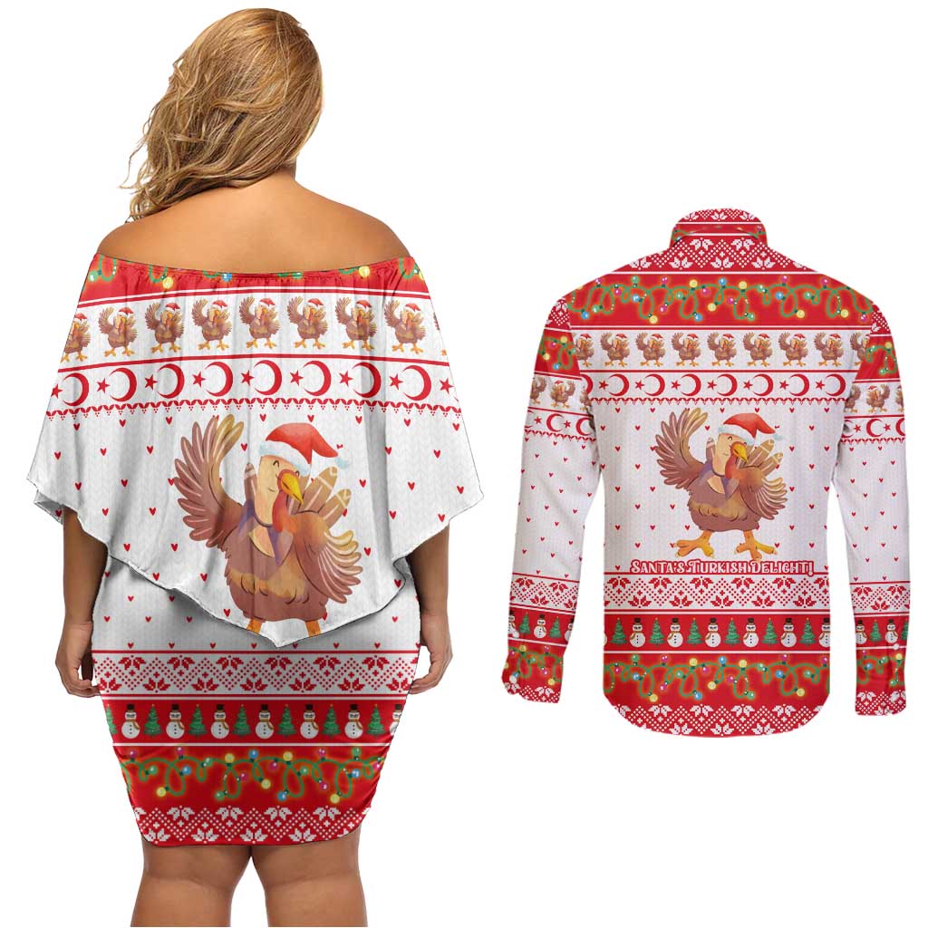 Turkey Christmas Couples Matching Off Shoulder Short Dress and Long Sleeve Button Shirt with Santa Turkey Red Crescent Pattern Snowmen and Festive Lights - Wonder Print Shop